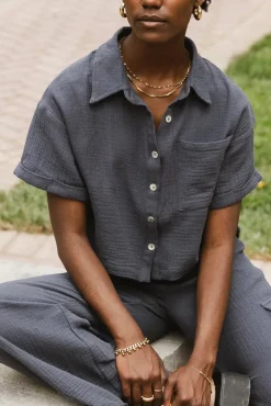 Bohme Benji Cotton Gauze Top in Slate Blue - FINAL SALE