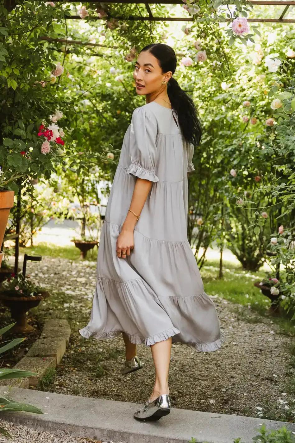 Bohme Danae Tiered Midi Dress in Slate Blue
