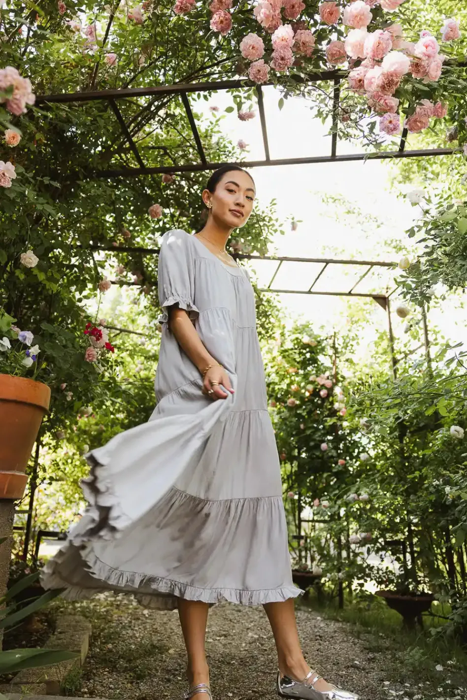 Bohme Danae Tiered Midi Dress in Slate Blue