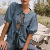 Bohme Natalia Peplum Tie Blouse in Light Wash