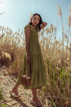 Bohme Rain Smocked Midi Dress in - FINAL SALE